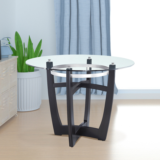 Dining Table with Clear Tempered Glass Top, With solid wood base, Modern Round Glass Kitchen Table Furniture