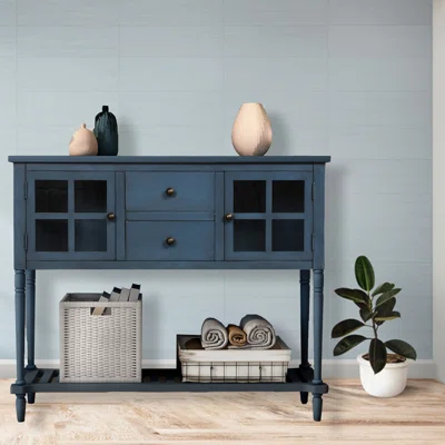 Sideboard Console Table With Bottom Shelf, Farmhouse Wood/Glass Buffet Storage Cabinet Living Room