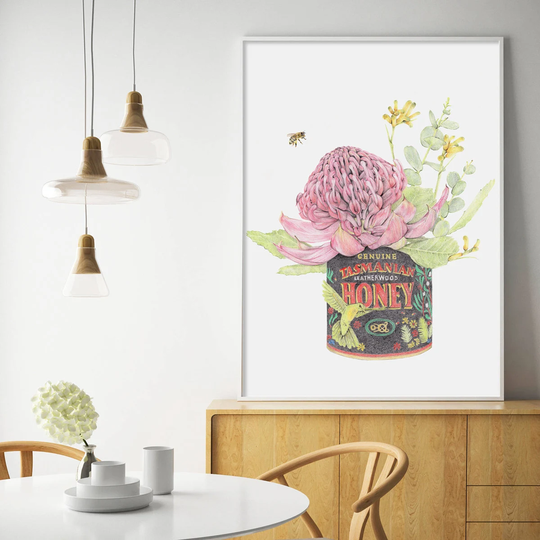 Honey I'm Home | Carmen Hui Australian With Native Flower Print, Botanical Drawing, Waratah Tasmania