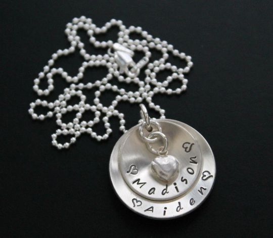 Sterling Silver Hand Stamped Mom Grandmother Mommy Necklace 2 Double Layer Domed Personalized Pendant Love Family Circle Kids Names