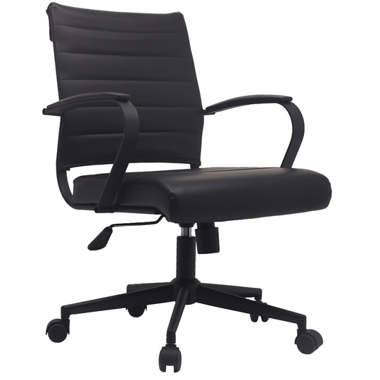 Black Office Chairs Mid Back Ribbed PU Leather Executive Task Work Conference with Arms Wheels Tilt Swivel Rolling