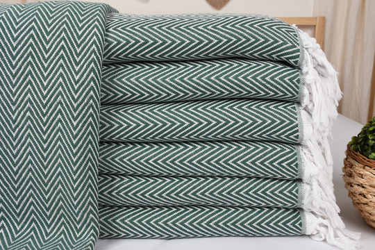 Sofa Blanket, Picnic Chevron Bedspread, 71x87 Inches Table Cover, Decor Bedcover, Dark Green Yoga
