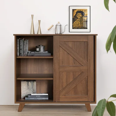 3 Levels Storage Sideboard Cabinet With Sliding Barn Door And Adjustable Shelves, Brown