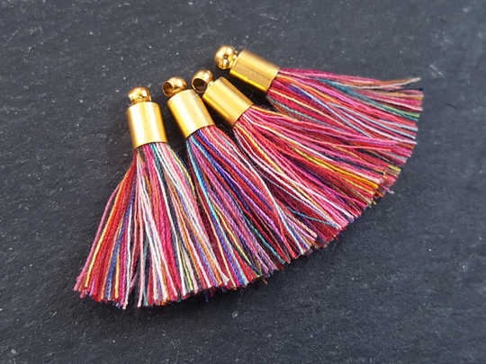 Mini Rainbow Tassel Charms, Multi Color Red Pink Pastels Tassels, Earring Bracelet Tassel, Multicolor, 22K Matte Gold Plated Cap, 26mm 4Pc