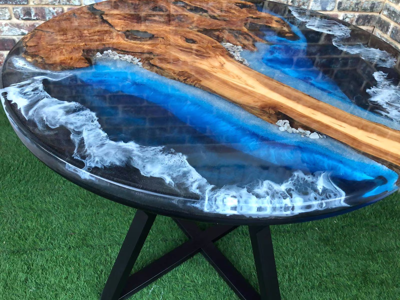 Custom Round Ocean Table, Olive Wood Dining Smooth Edge Epoxy Natural Olive, River Design Desk