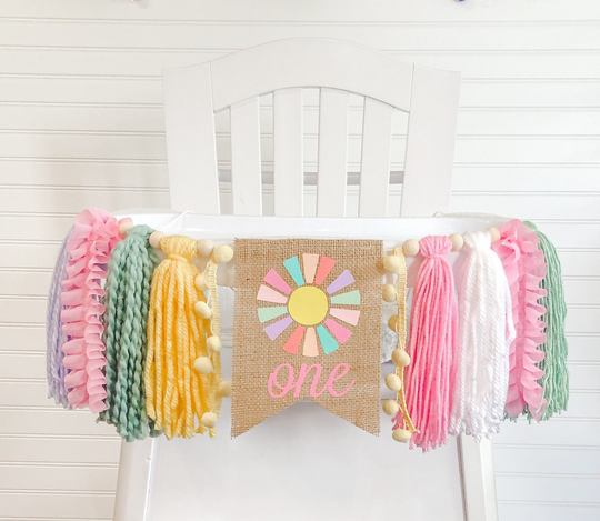 Boho Sun Sunshine Birthday High Chair Yarn Tassel Banner, Cake Smash Backdrop First