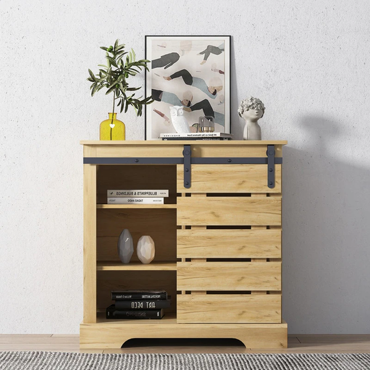 Natural Wood Buffet Sideboard with Sliding Barn Door and Shelves