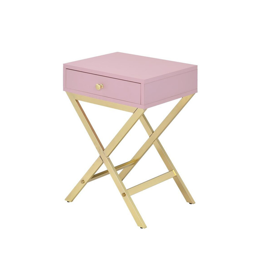 Wood and Metal Side Table with Crossed Base, Pink and Gold - 22 H x 16 W x 12 L Inches