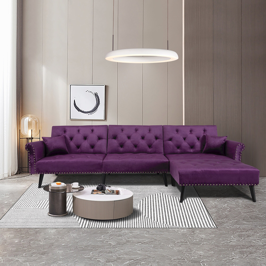 Modern L-shape Convertible Sectional Sofa Bed Sleeper Velvet Upholstered Sofa & Chaise with Metal Nails and Ottoman Included