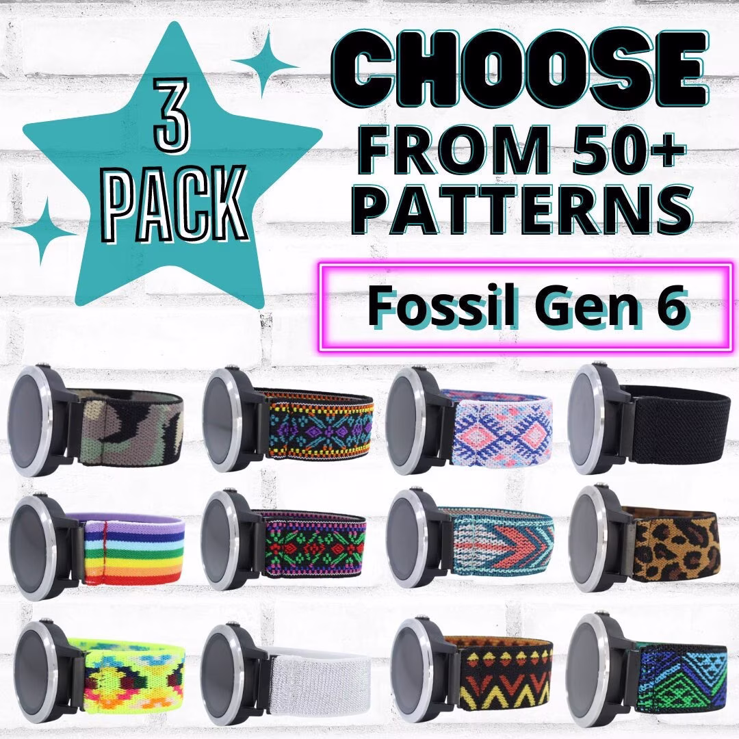 3 Pack - Elastic Watch Bands For Fossil Gen 6 with 18mm Or 22mm Adapters Choose Your Patterns 50+ Color Options Bundle Discount Sale