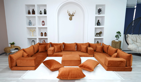 Velvet Fabric Sofa, Amber Color U Shaped Floor Seating Sofas, Moroccan Livingroom Furniture, Sectional Arabic Seating, Velvet Couch