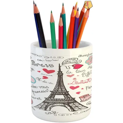 Eiffel Tower Pencil Pen Holder, Paris Lettering Heart Shapes Flag Ornamental Sketchy Doodle, Printed Ceramic Pencil Pen Holder For Desk Office Accesso