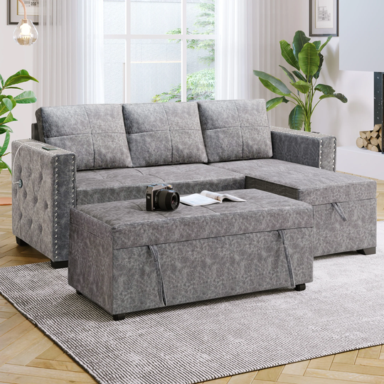 84" Pull-out L-shaped 3-seater Sofa Bed, Corner Couch w/Storage Chaise