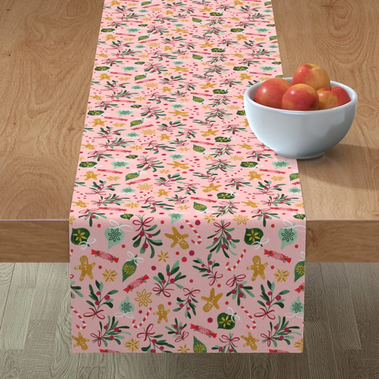 Christmas Table Runner - Pink Winter Holidays By Flora&bear Gingerbread Cookie Ornament Red Cotton Sateen Spoonflower