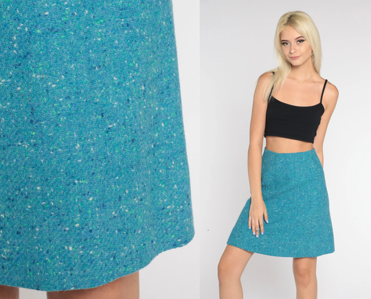 60S Blue Skirt Wool Tweed Mini High Waisted Preppy Pencil Retro Professional Basic Girly Chic Secretary Vintage 1960S Extra Small Xs