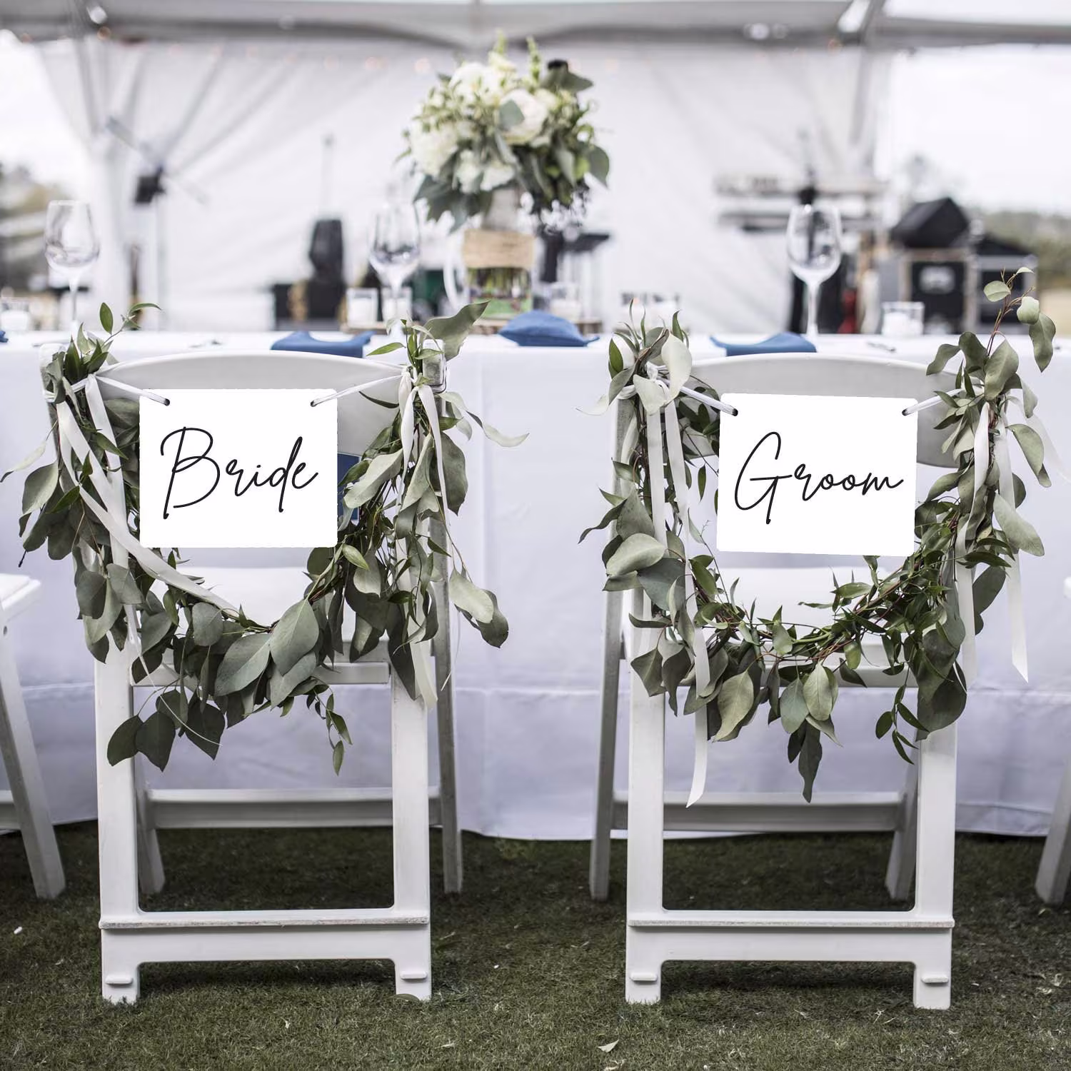 Wedding Chair Sign Set - Bride & Groom Metal Signs Personalized 8x10"