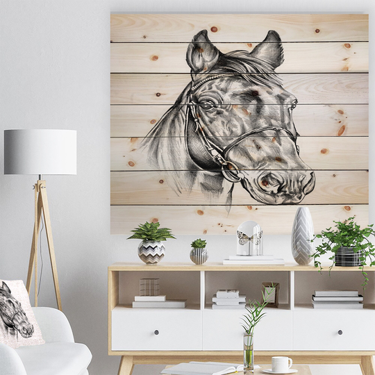 Designart 'Freehand Horse Head Pencil Drawing' Animal Print on Natural Pine Wood - White