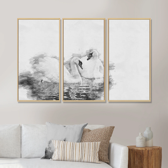Designart 'Black and White Swan Pencil Sketch ' Animal Framed Art Set of 3 - 4 Colors of Frames