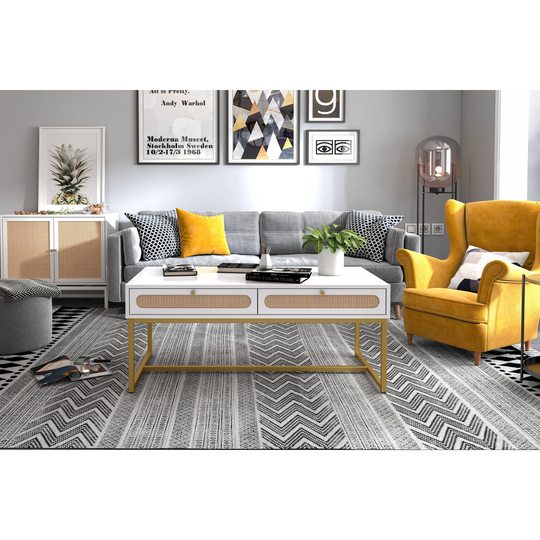 Modern Boho Coffee Table, Wood Cocktail Table with 2 Rattan Drawers and Metal Frame, Minimalist Tea Table, Sofa Table
