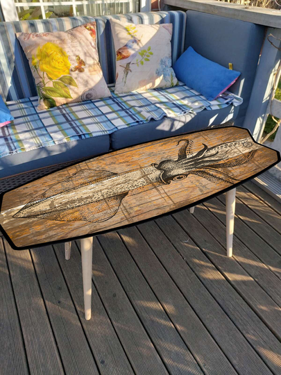 Surfboard Table, Squid, Surfing Gift, Bar Decor, Beach Art Decor