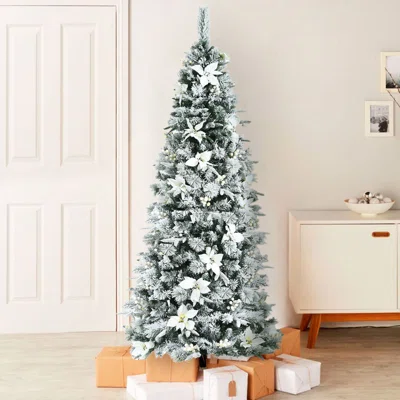 Snow Flocked Christmas Pencil Tree With Berries And Poinsettia Flowers- 8 Ft