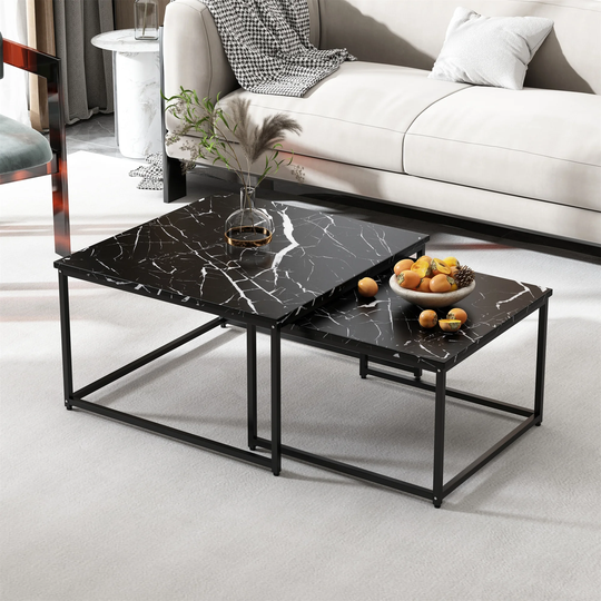 Nesting Coffee Tables Set, 2pc Coffee Table Living Room, Marble Black