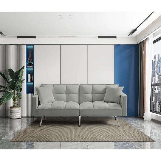 Modern Comfy Tuft Futon Couch Sleeper Convertible Loveseat, Velvet Reclining Sofa Bed with Arms & 2 Pillows for Living Room