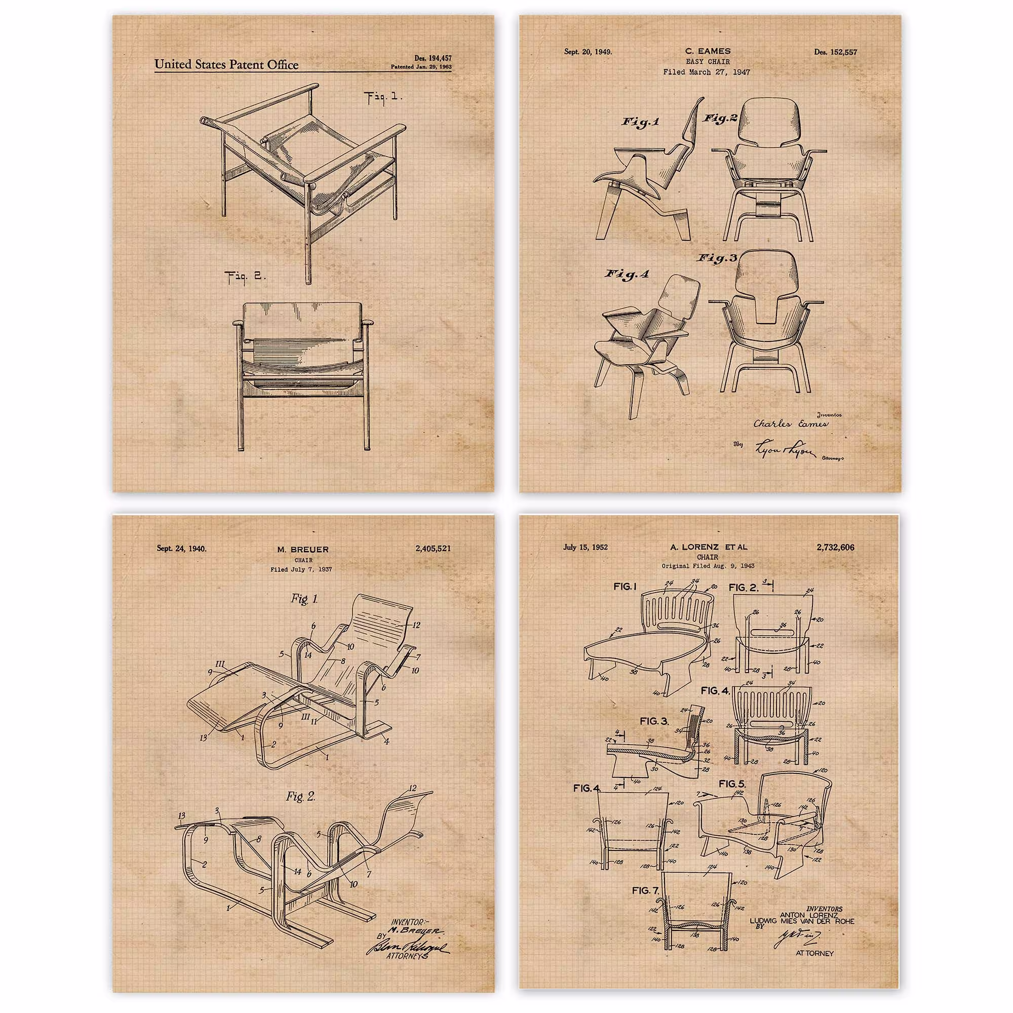 Vintage Chairs Patent Prints, 4 Unframed Photos, Wall Art Decor Gifts For Home Office Man Cave Studio Design Student Teacher Architect Fans