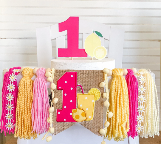 Lemonade Birthday High Chair Yarn Tassel Banner, Cake Smash Backdrop First Birthday, Topper