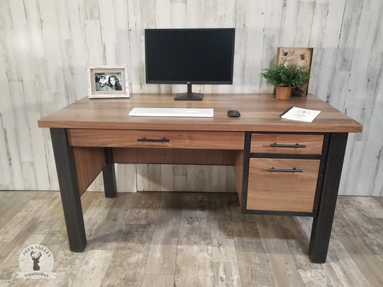 Walnut Executive Desk, Modern Office Industrial Solid Wood Home Desk With Drawers, Urban Computer Storage