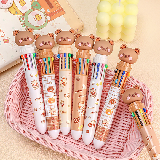 Cute Bear 10 Colors Ballpoint Pen, Cartoon Multicolored Pen, Press Oil Pen Stationery, Ten Color Pen, Writing Supplies Gifts
