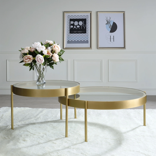 2 PCS End Table Coffee Table Nesting Tables in Clear Glass & Gold