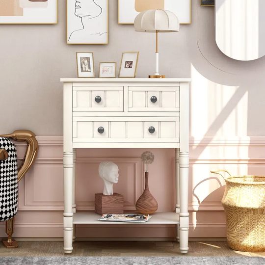 Console Table with Three Storage Drawers and Bottom Shelf,Ivory White