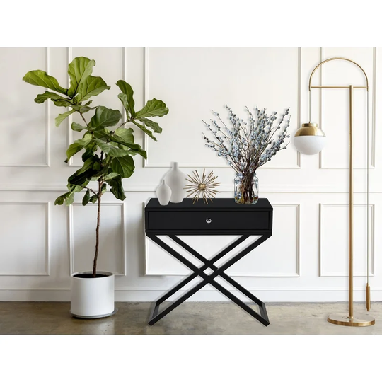 End Side Table Nightstand with Glass Top Drawer and Metal Cross Base - 14.50"W x 23.00"D x 26.50"H