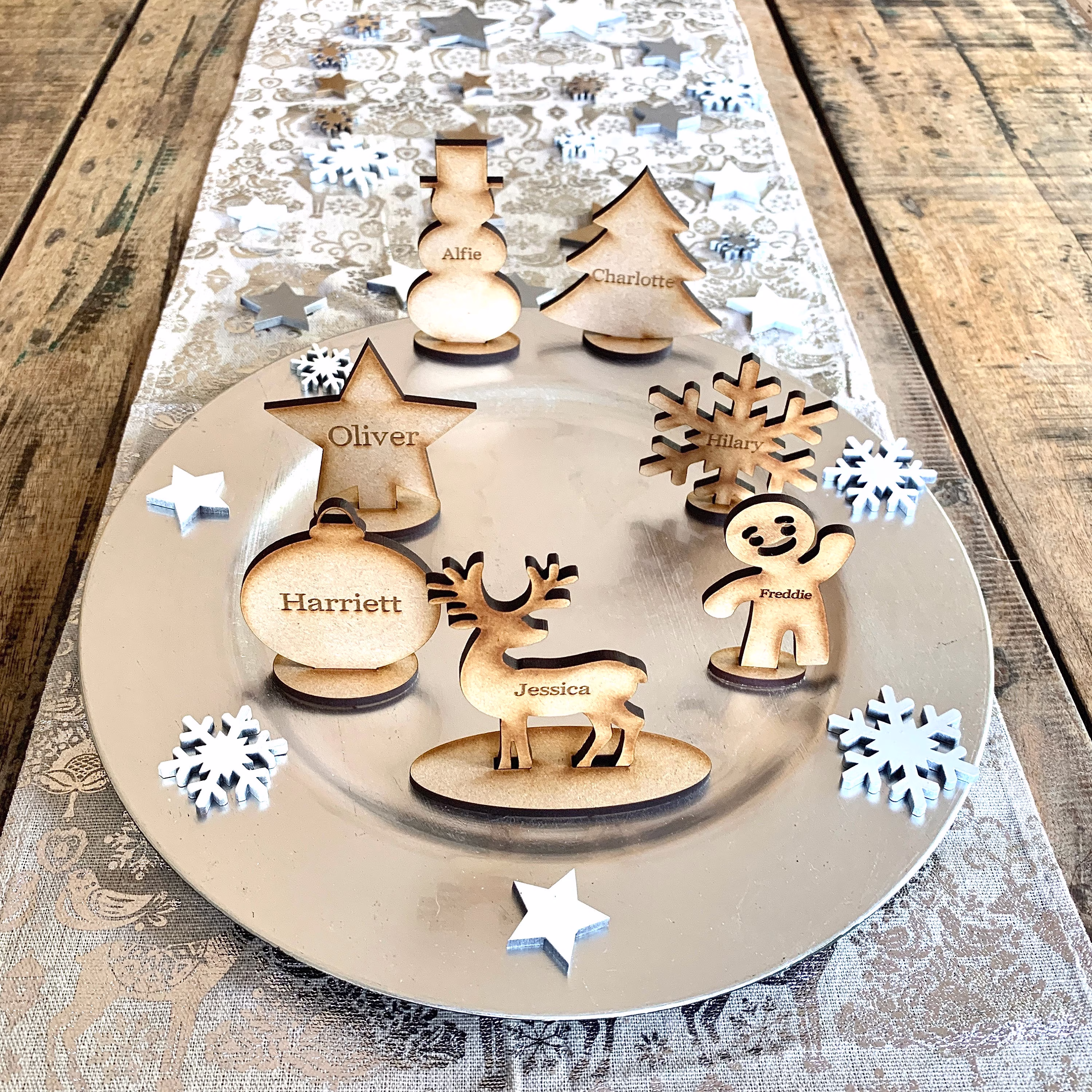 Personalised Christmas Table Place Names, Wooden Settings, Freestanding Decorations Engraved With Names Or Words