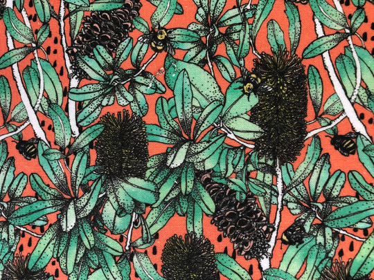 Scenic Route Bee, Beehive & Banksia Tree Floral Quilting Cotton Fabric By 1/4 Or 1/2 Yard, Fat Quarter Fabric, Australian Native