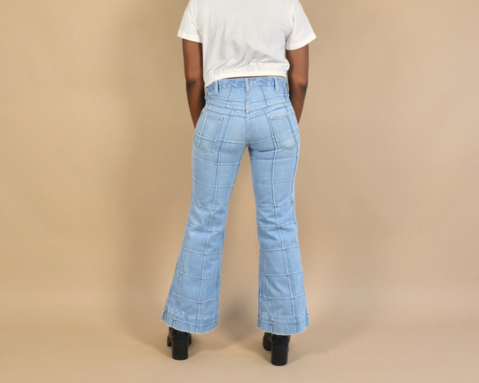 70S Patchwork Window Pane Hip Hugger Vintage Denim Bell Bottom Flare Jeans