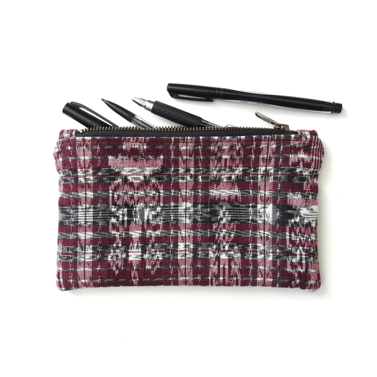 Burgundy Pencil Case, Medium Zipper Pouch, Ikat