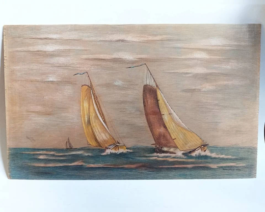 Vintage Original Painting On Wood/Pen & Pencils Sailing Boats Vessel Sailboat Sea Signed Made in Greece