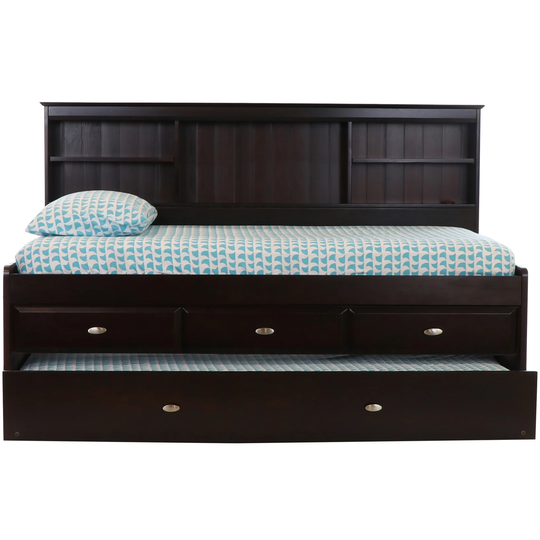 OS Home and Office Furniture Solid Pine Full Daybed with Three Drawer Storage Unit and Twin Sized Trundle in Dark Espresso