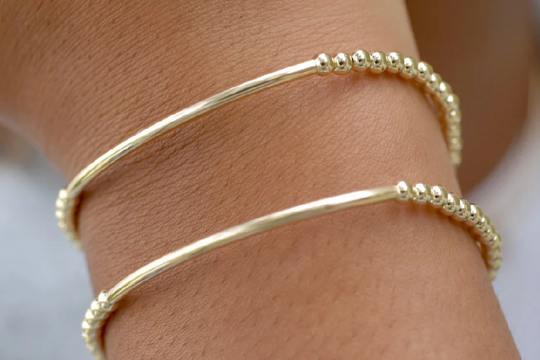 Gold Bar Bracelet, Tube Silver Bead 14K Bracelet