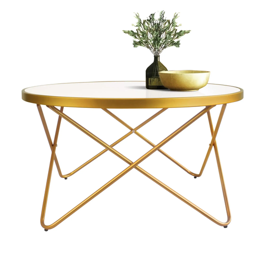 Mid Century Modern Round Gold Coffee Table with White Glass and Metal Frame Central Table for Living Room Recepetion Room