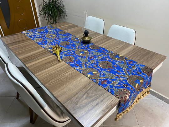 Vibrant Blue Tulip Pattern Turkish Table Runner, Long Boho Wedding Decor, Gray Farmhouse Rustic Rnr390