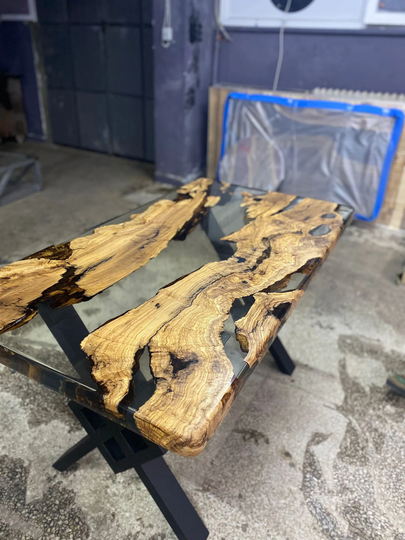 Olive Wood Epoxy Table, Custom 55" X 30" Clear Dining Live Edge Order For Dominique