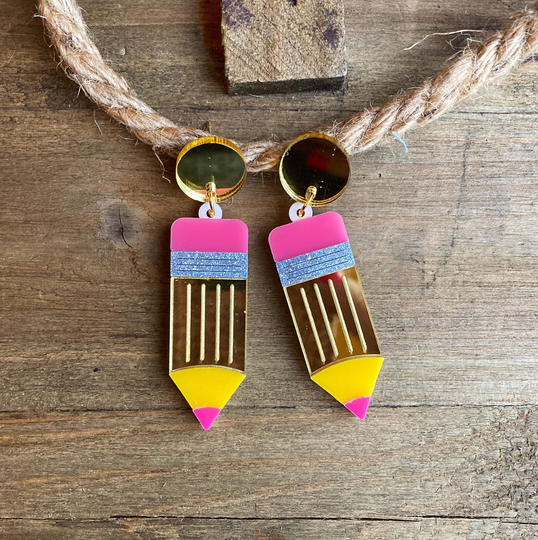 Acrylic Mirror Finish Pencil Earrings, Teacher Gift, Student School Yellow Earrings