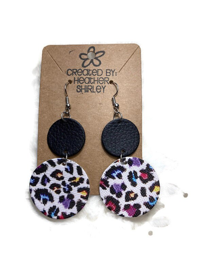 Colorful Leopard Print & Black Circle, Faux Leather Earrings, Layered Spring, Birthday Gifts, Teacher Summer, Bright