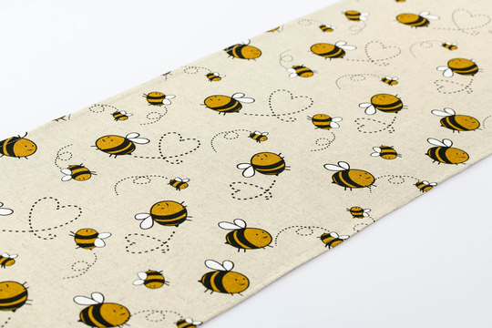Table Runner With Bees, Honey Bee Print Décor, Bee Fabric Linen, Bumblebee Kitchen Decoration, Gift For Lover, Idea Beekeeper