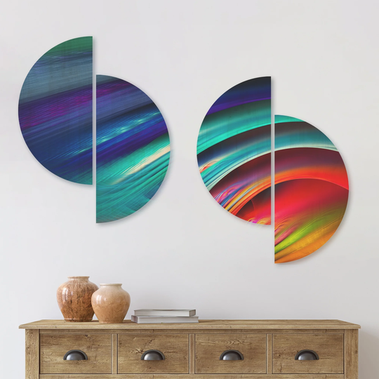 Designart 'Beautiful Fractal Rainbow Waves' Floral Wood Wall Art Set of 4 Half Circles - Multi-Color