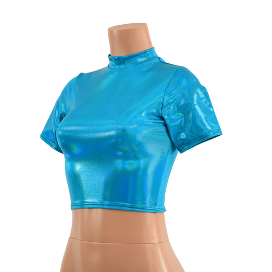 Peacock Holographic Crop Top With Short Collar & Tee Sleeves - 1579114