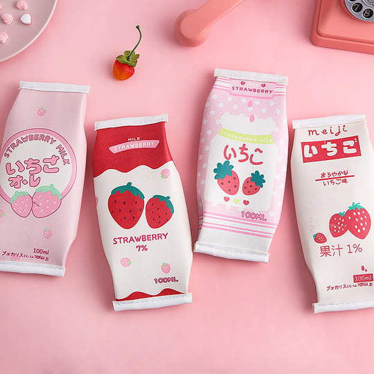 Kawaii Strawberry Milk Pencil Case, Large Capacity Storage Bag, Pen Storage, Zip Pouch, Make Up School Supplies